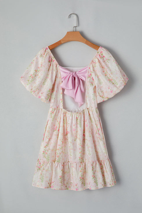 Charming Southern Belle Floral Puff Sleeve Knotted Open Back Ruffled Mini Dress